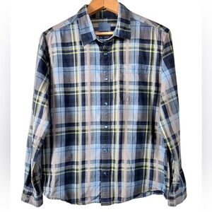 Prana cotton blue plaid button up shirt, Med, blue iridescent snaps, Western